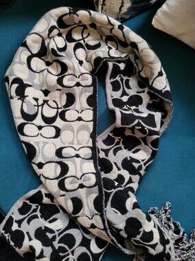 Coach Black and Cream Signature Logo Scarf Wrap